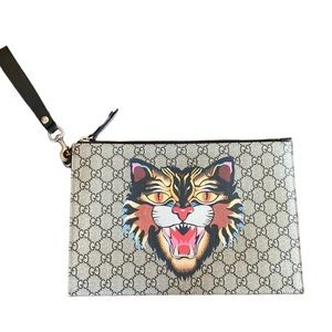 Gucci Beige and Black Clutch with Tiger Motif